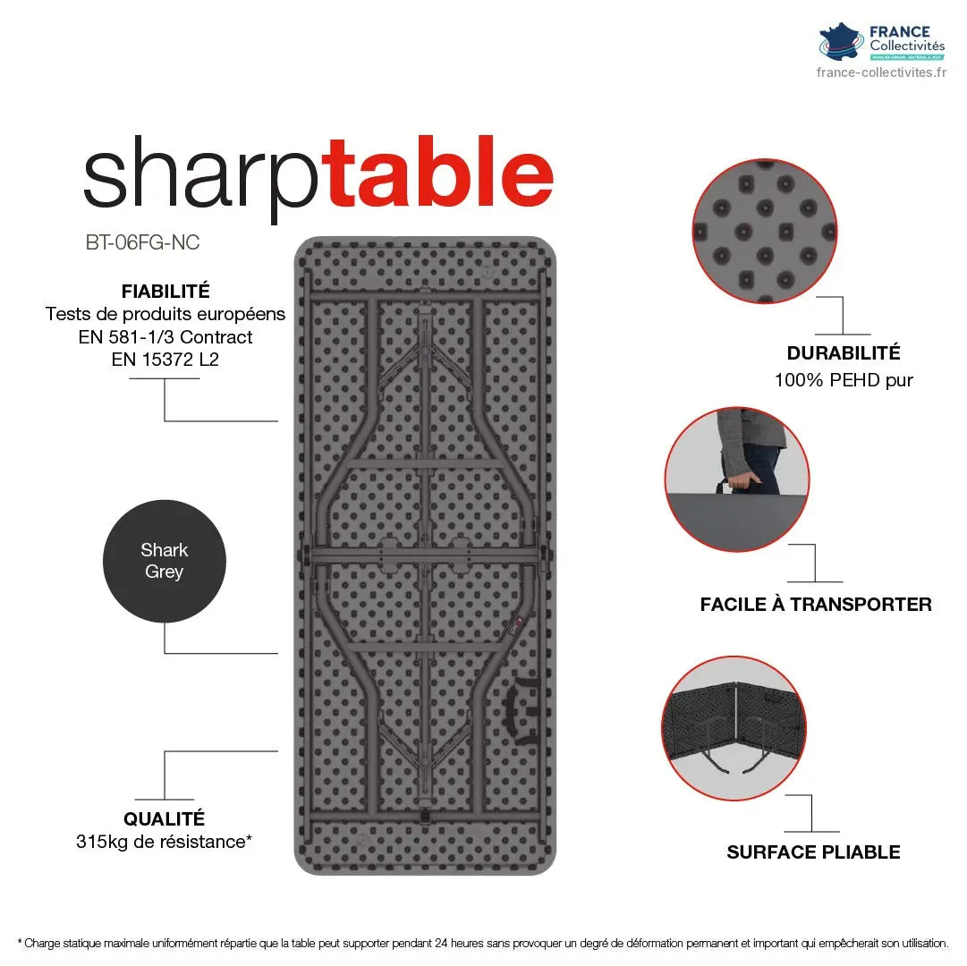 Infographie de la table pliante valise 182 x 75 cm : pliable en deux, poignée de transport, 315 kg