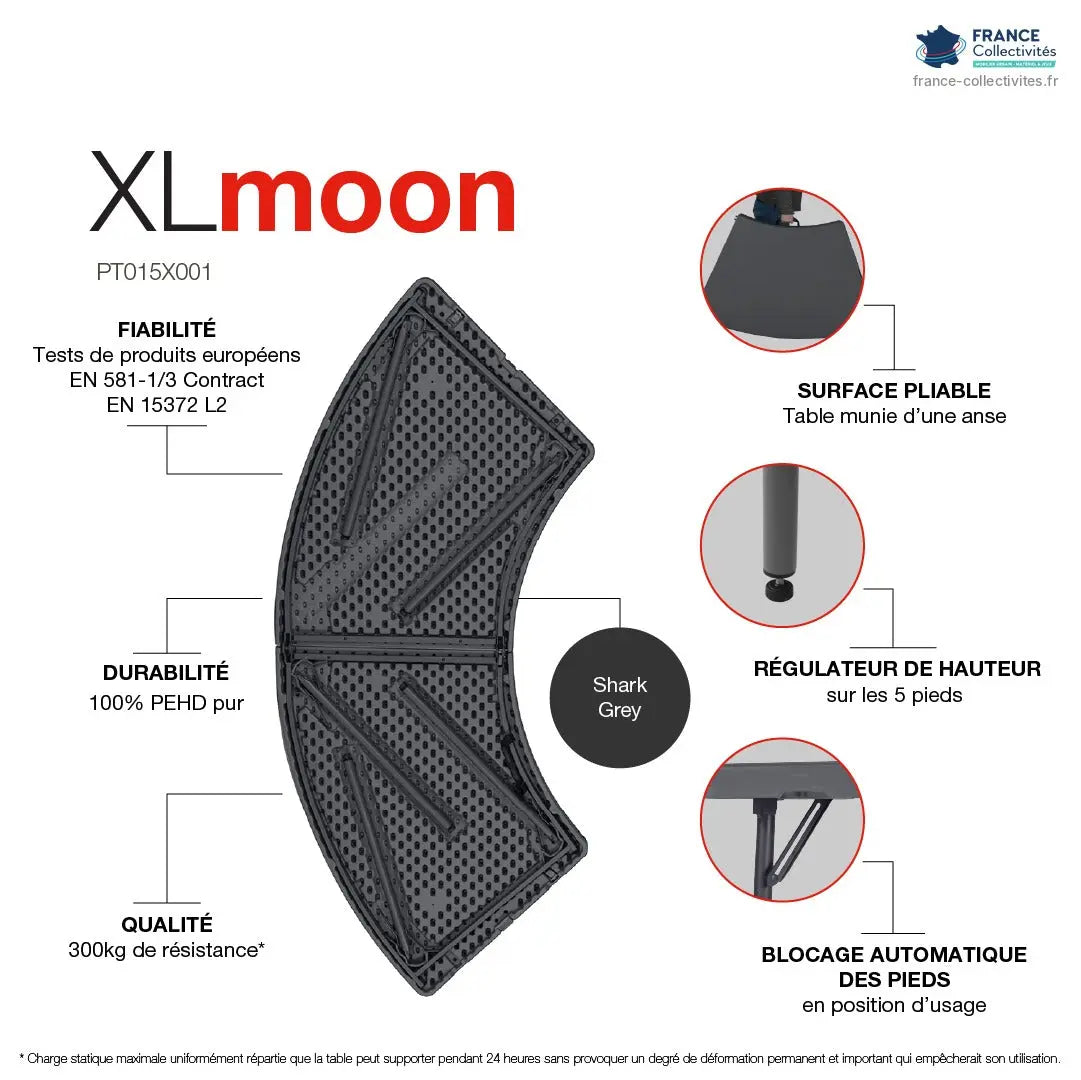 Infographie de la table demi-lune pliante 232 x 76 cm pour buffets : 300 kg, régulateur de hauteur sur 5 pieds, plateau pliable