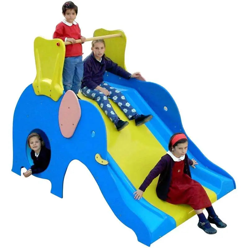 Jeu toboggan éléphant pour enfants 2 à 6 ans en bois traité autoclave avec glissière, tunnel et mur d’escalade