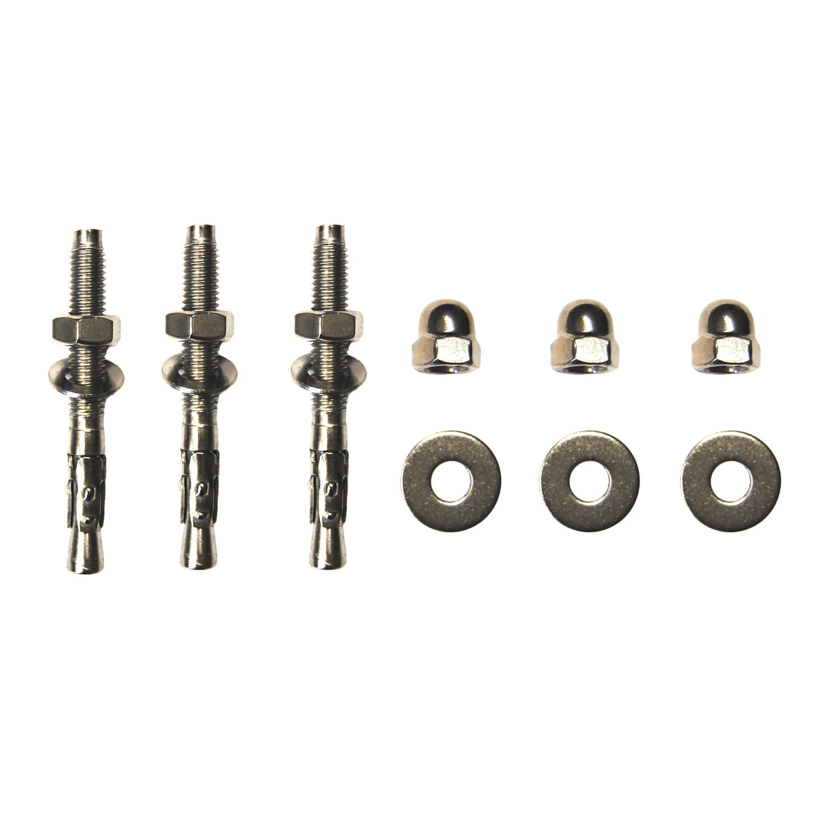 Kit de chevillage inox 3 points sur sol béton avec tiges filetées M8 et écrous borgnes