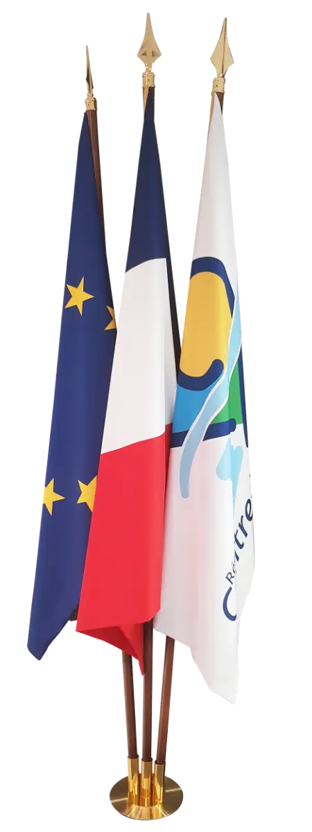 Lot 3 drapeaux prestige satin France Europe Région- avec socle laiton france collectivités