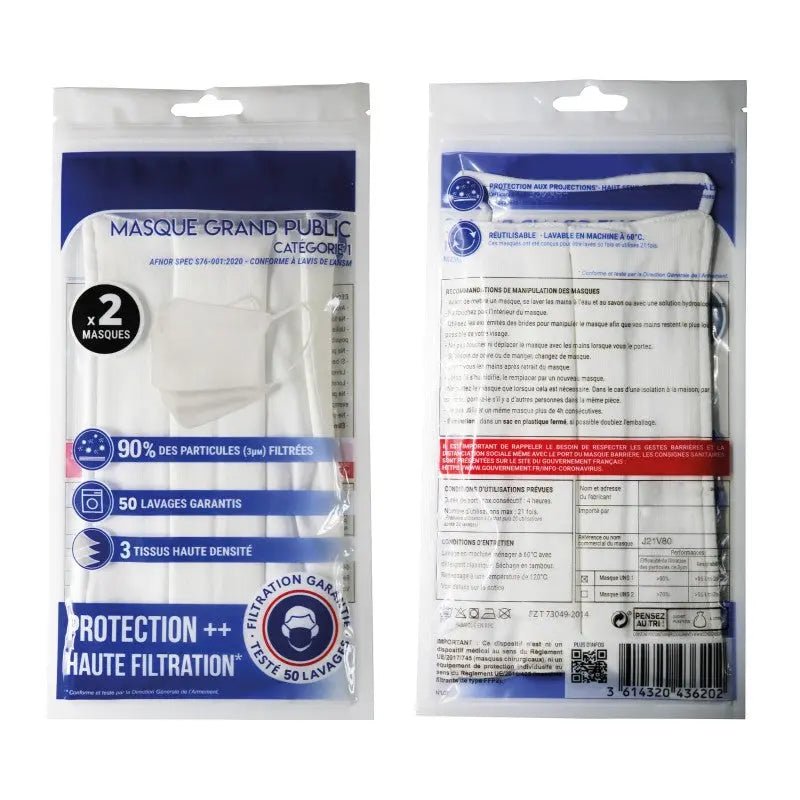 Masque tissu AFNOR SPEC S76 001 protection Covid-19 lavable à 60°C