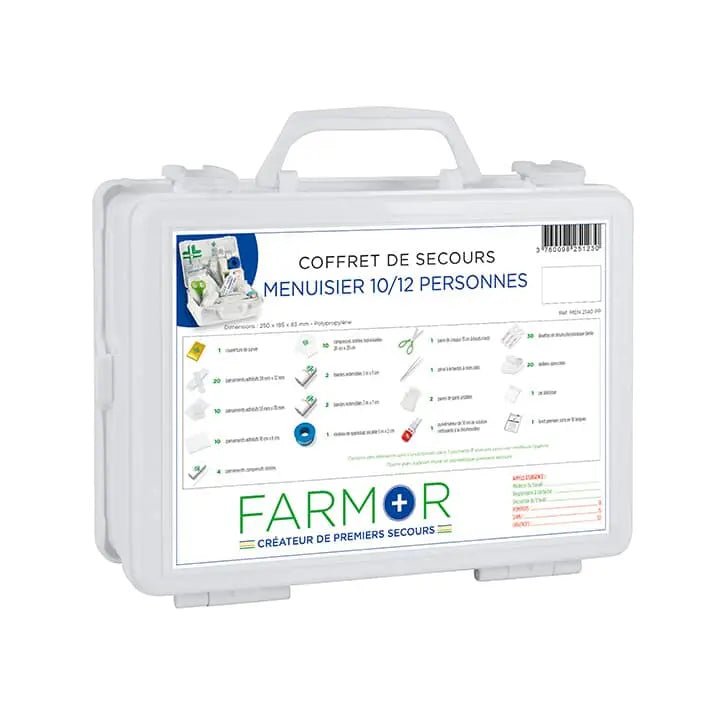 Coffret de secours mural Farmor Menuisier 10/12 personnes en polypropylène blanc avec poignée