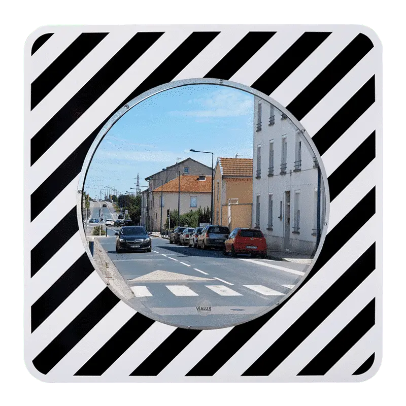 Miroir d'agglomération rond Ø 600 mm à optique inox sur cadre carré noir et blanc