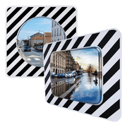 Miroir routier réglementaire inox à cadre rayé noir et blanc, vue produit