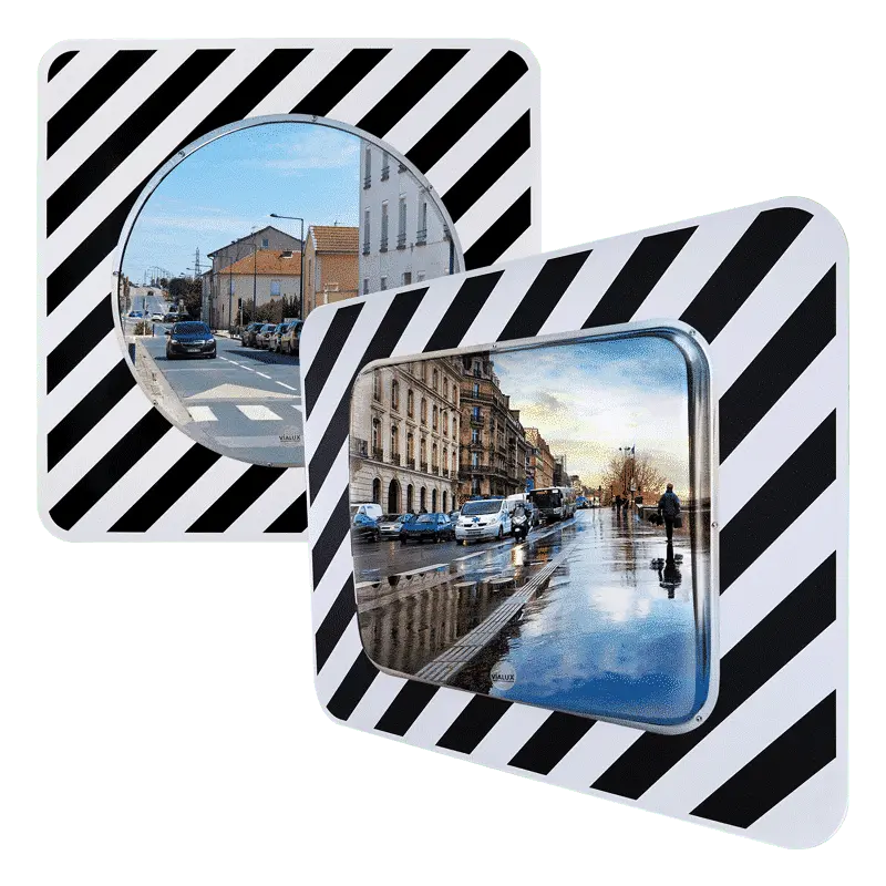 Miroir routier réglementaire inox à cadre rayé noir et blanc, vue produit