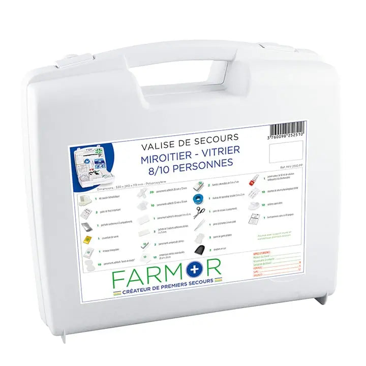 Valise de secours murale Farmor Miroitier Vitrier 8/10 personnes en polypropylène blanc