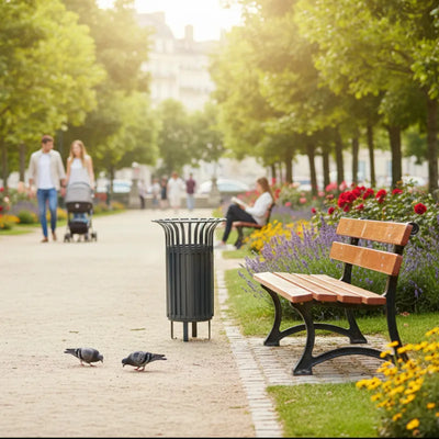 Mobilier urbain, banc et poubelle