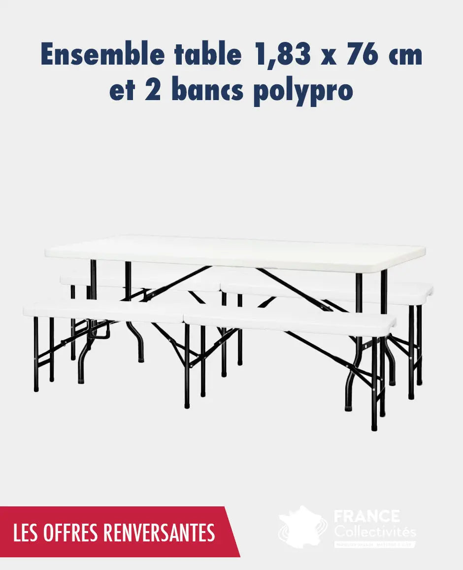 Ensemble table 1,83 x 76 cm et 2 bancs polypro - France Collectivités