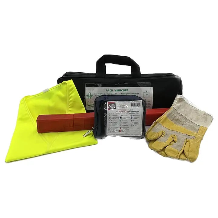 Pack Véhicule Farmor PAC 3070 TP : housse noire avec triangle de présignalisation, gilet fluo, gants et trousse de secours