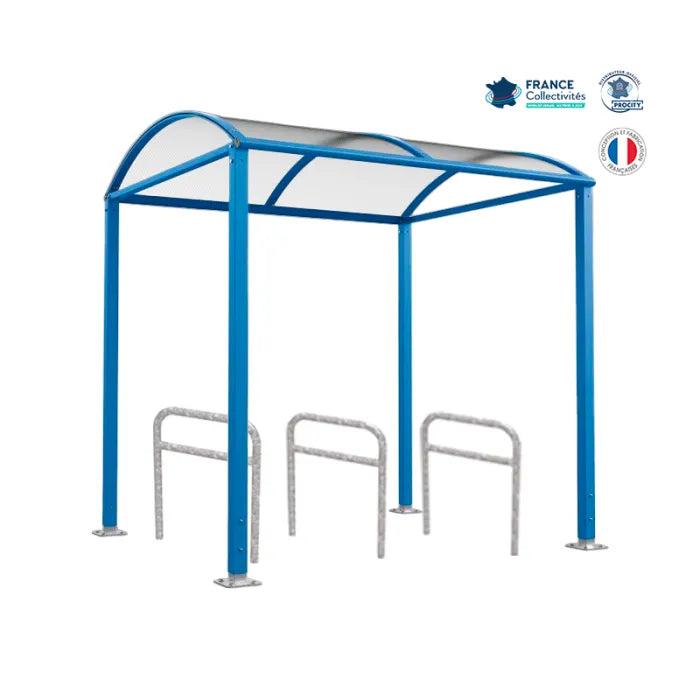 Abri vélos avec 3 appuis vélos, pour attacher 6 vélos, abri vélos voûte sur platine, appui arceaux, abri bleu