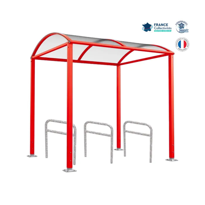 Abri vélos avec 3 appuis vélos, pour attacher 6 vélos, abri vélos voûte sur platine, appui arceaux, abri bordeaux