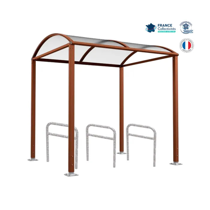 Abri vélos avec 3 appuis vélos, pour attacher 6 vélos, abri vélos voûte sur platine, appui arceaux, abri corten
