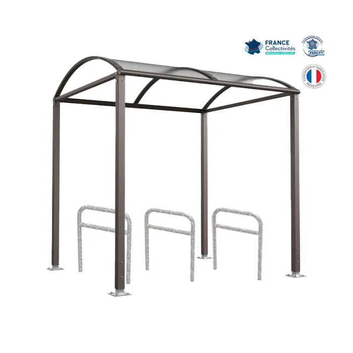 Abri vélos avec 3 appuis vélos, pour attacher 6 vélos, abri vélos voûte sur platine, appui arceaux, abri gris city