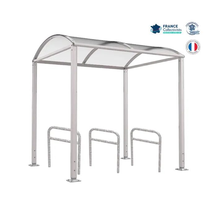 Abri vélos avec 3 appuis vélos, pour attacher 6 vélos, abri vélos voûte sur platine, appui arceaux, abri gris clair