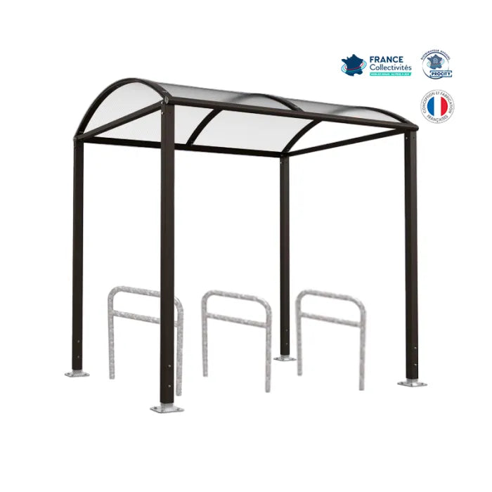 Abri vélos avec 3 appuis vélos, pour attacher 6 vélos, abri vélos voûte sur platine, appui arceaux, abri noir