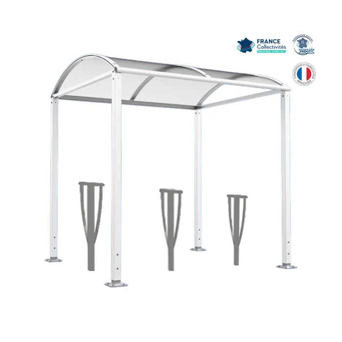 Abri vélos avec 3 appuis vélos, pour attacher 6 vélos, abri vélos voûte sur platine, appui lisbonne, abri blanc