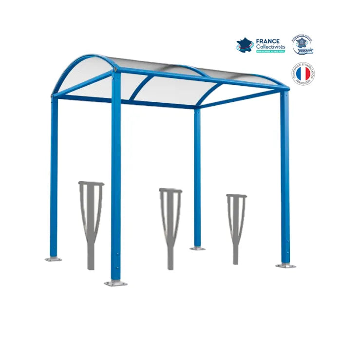 Abri vélos avec 3 appuis vélos, pour attacher 6 vélos, abri vélos voûte sur platine, appui lisbonne, abri bleu