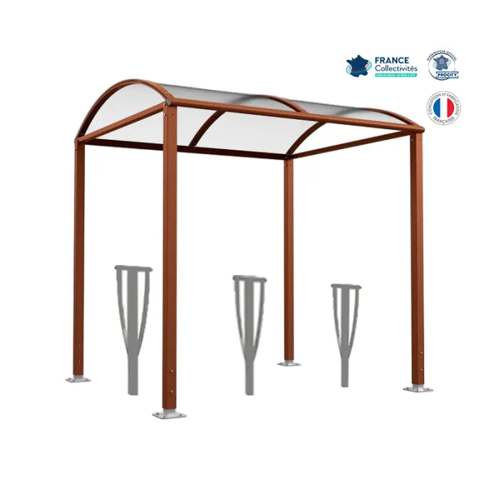 Abri vélos avec 3 appuis vélos, pour attacher 6 vélos, abri vélos voûte sur platine, appui lisbonne, abri corten
