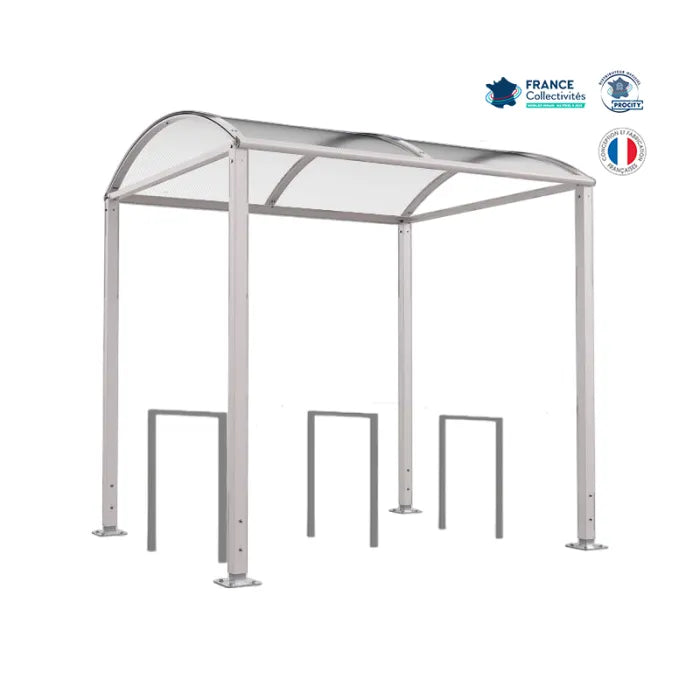 Abri vélos avec 3 appuis vélos, pour attacher 6 vélos, abri vélos voûte sur platine, appui milan, abri gris clair