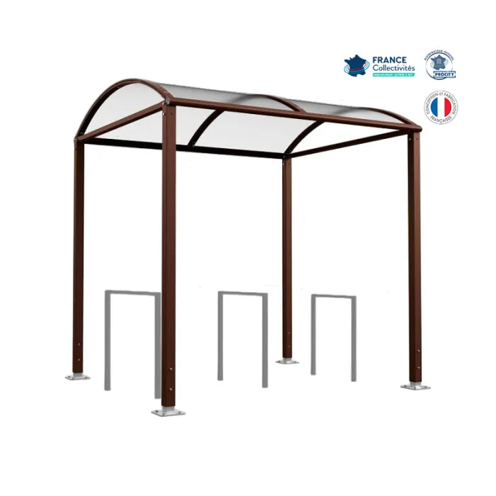 Abri vélos avec 3 appuis vélos, pour attacher 6 vélos, abri vélos voûte sur platine, appui milan, abri marron
