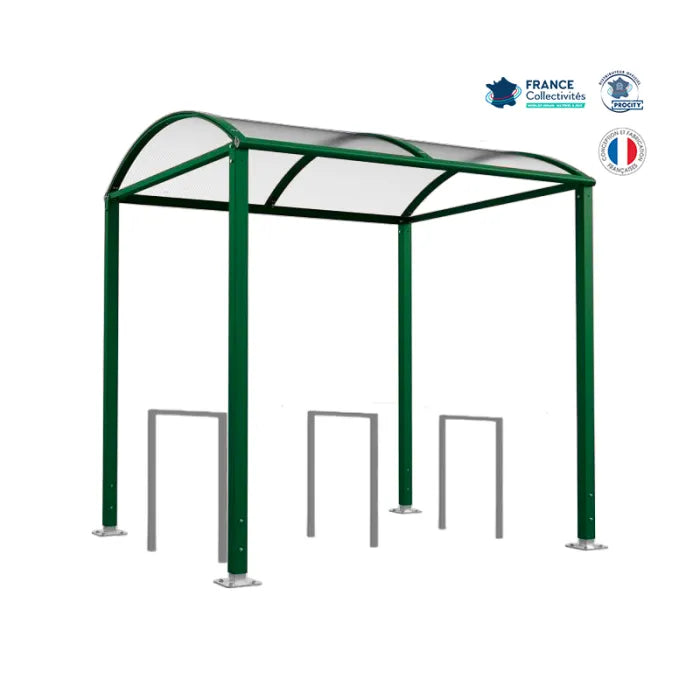 Abri vélos avec 3 appuis vélos, pour attacher 6 vélos, abri vélos voûte sur platine, appui milan, abri vert