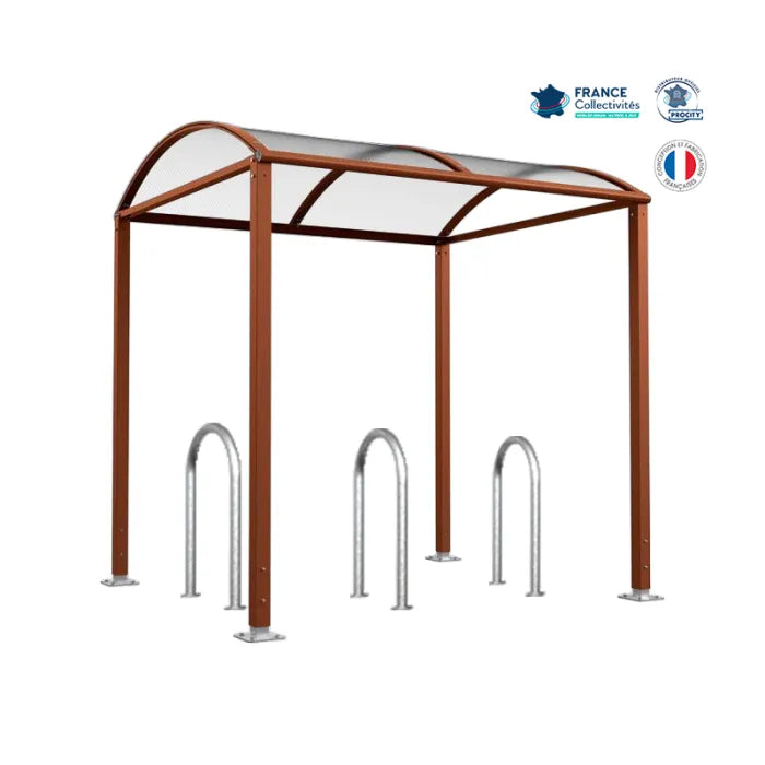 Abri vélos avec 3 appuis vélos, pour attacher 6 vélos, abri vélos voûte sur platine, appui trombone, abri corten