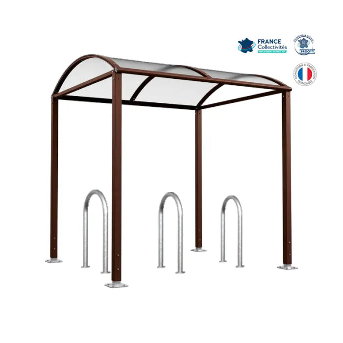 Abri vélos avec 3 appuis vélos, pour attacher 6 vélos, abri vélos voûte sur platine, appui trombone, abri marron