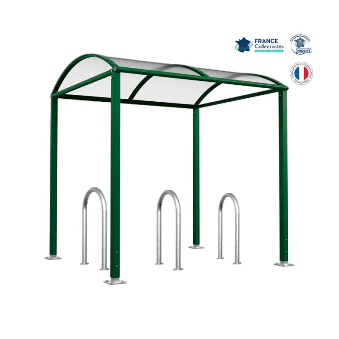 Abri vélos avec 3 appuis vélos, pour attacher 6 vélos, abri vélos voûte sur platine, appui trombone, abri vert