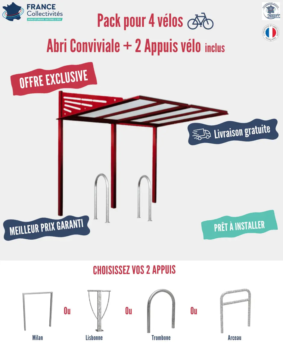 Abri vélos Conviviale noir pour 4 vélos, en pack avec 2 appuis
