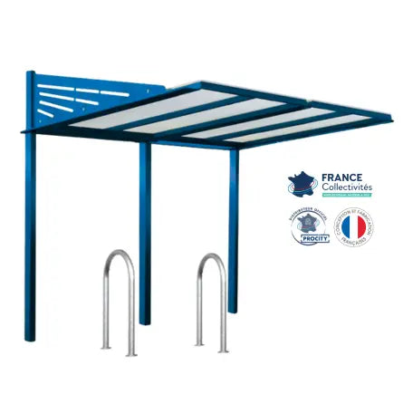 Abri vélos Conviviale bleu pour 4 vélos, en pack avec 2 appuis trombone