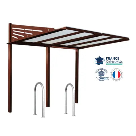 Abri vélos Conviviale corten pour 4 vélos, en pack avec 2 appuis trombone