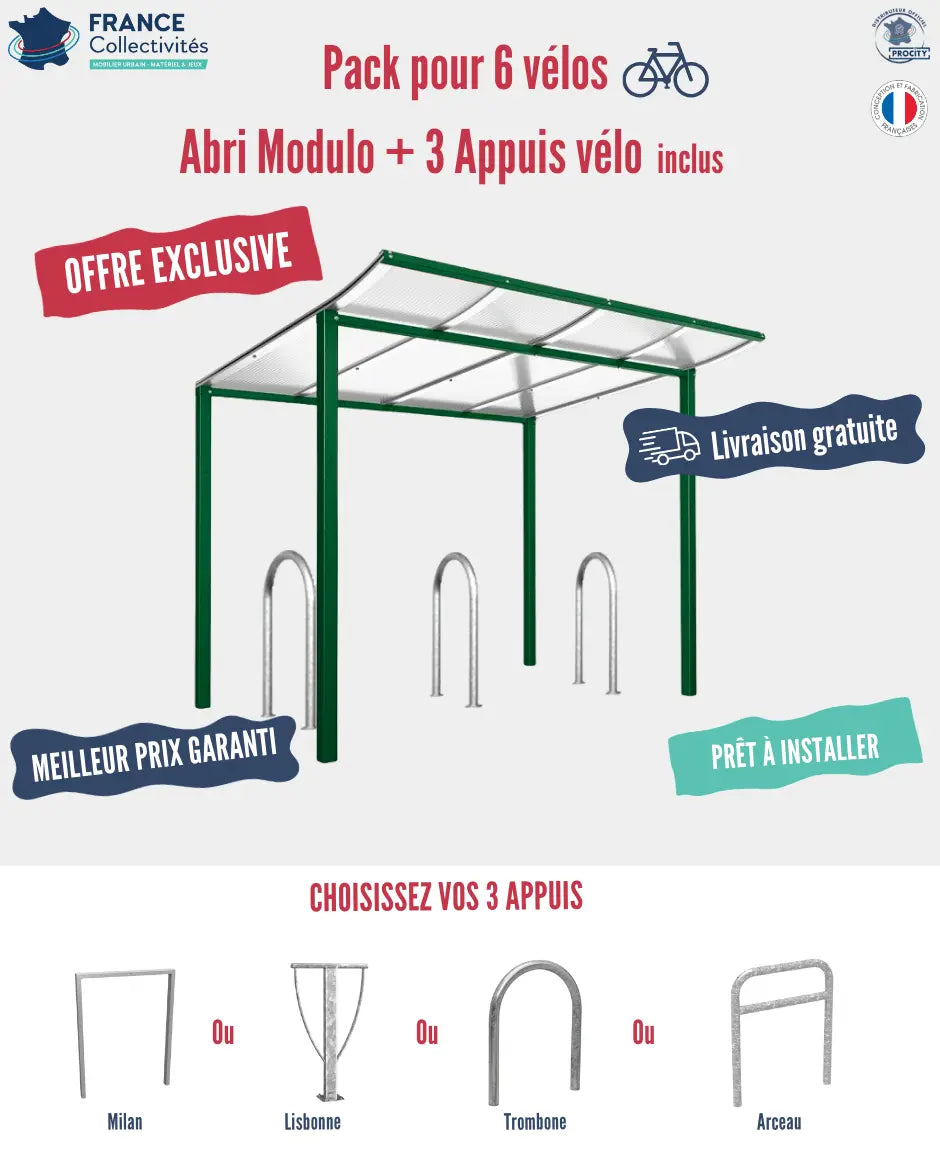 Pack abri vélos Modulo + appuis au choix - 6 places Procity