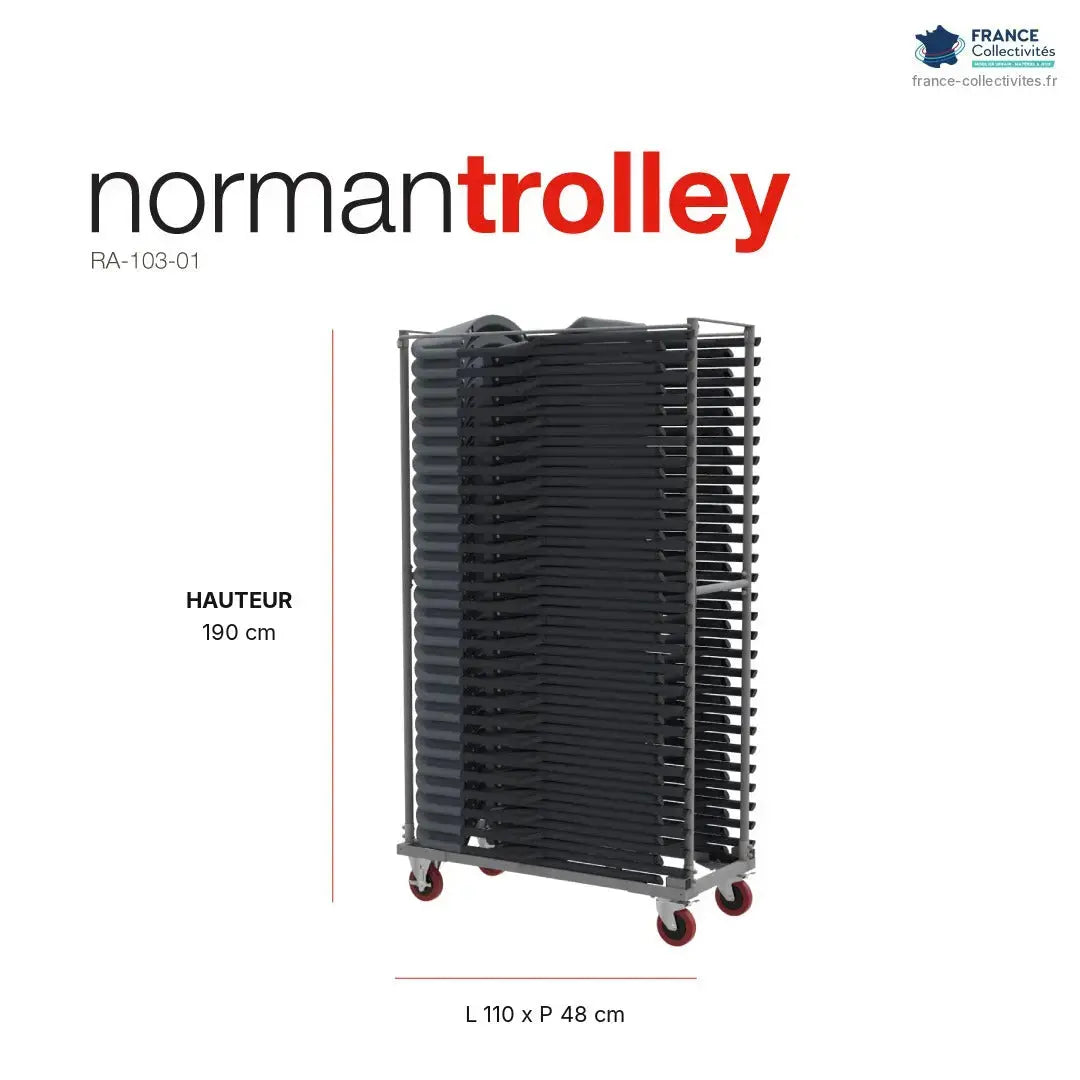 Encombrement du chariot de stockage Norman : L 110 x P 48 x H 190 cm