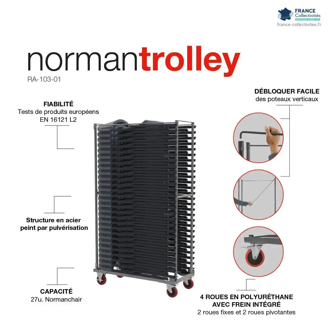 Atouts du chariot Norman du pack : EN 16121 L2, 27 chaises, 4 roues polyuréthane freinées