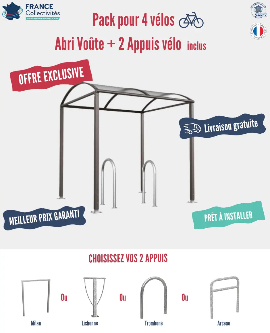 Abri vélos Voûte pour 4 vélos, en pack avec appuis 