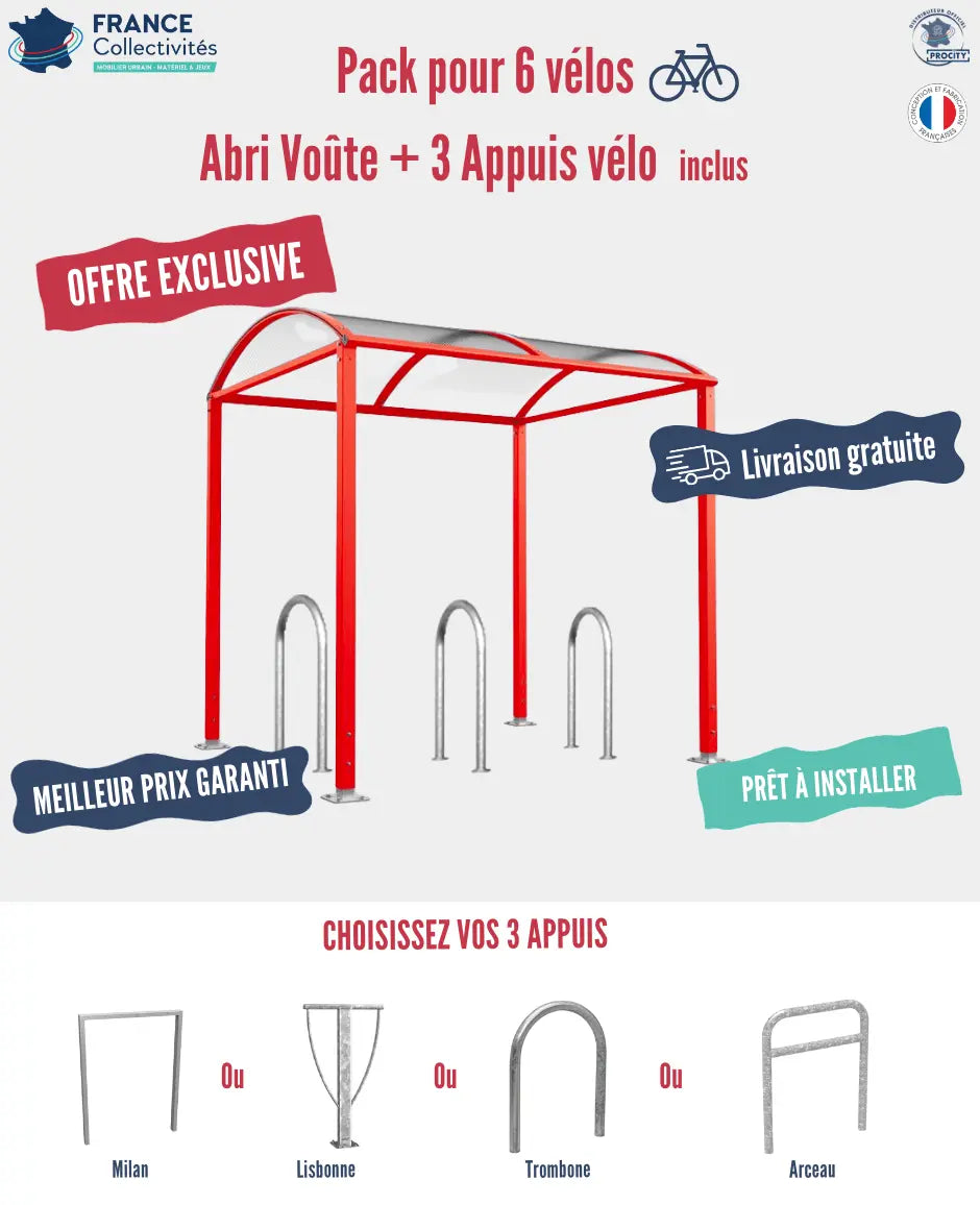 Pack abri vélos Voûte + appuis au choix - 6 places