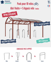 Abri vélos Voûte pour 10 vélos, en pack avec 5 appuis