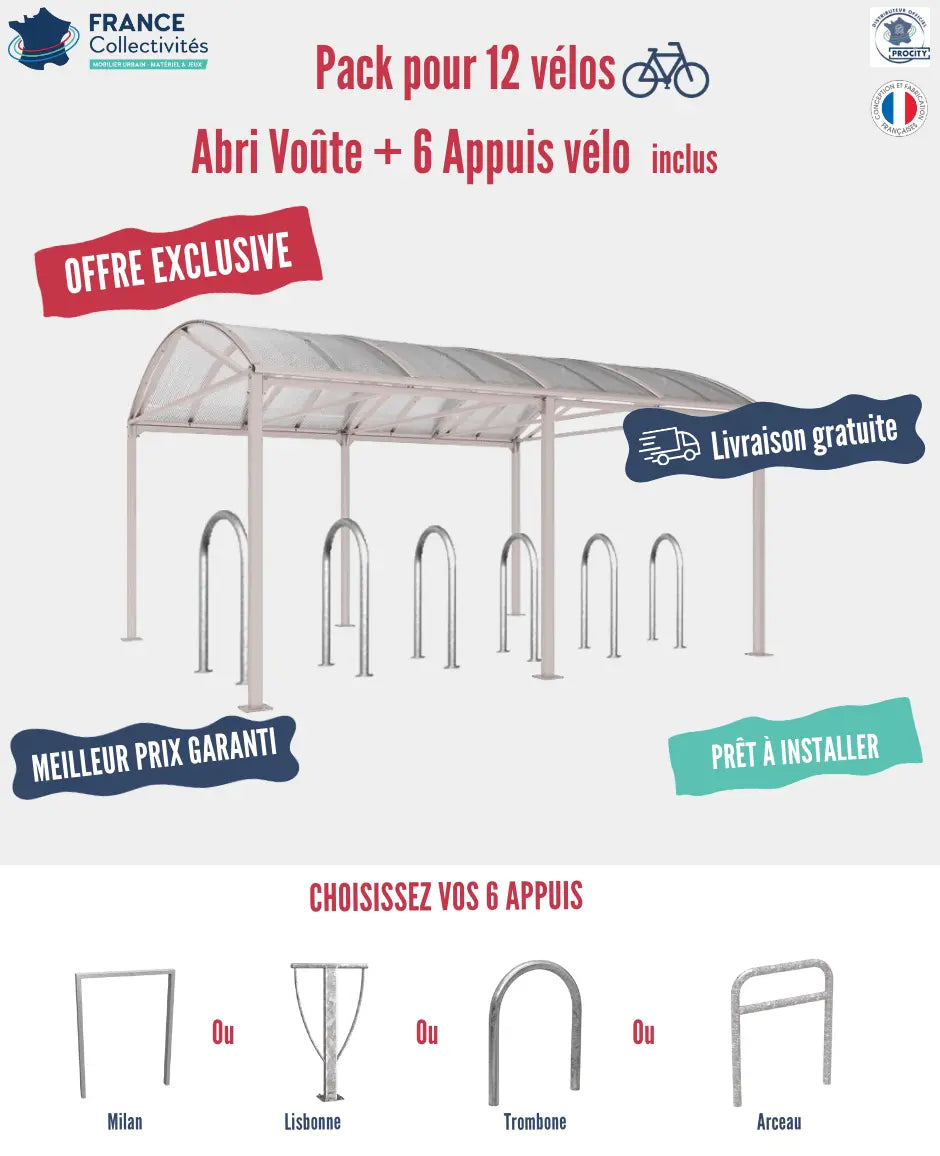 Abri vélos Voûte pour 12 vélos, en pack avec 6 appuis