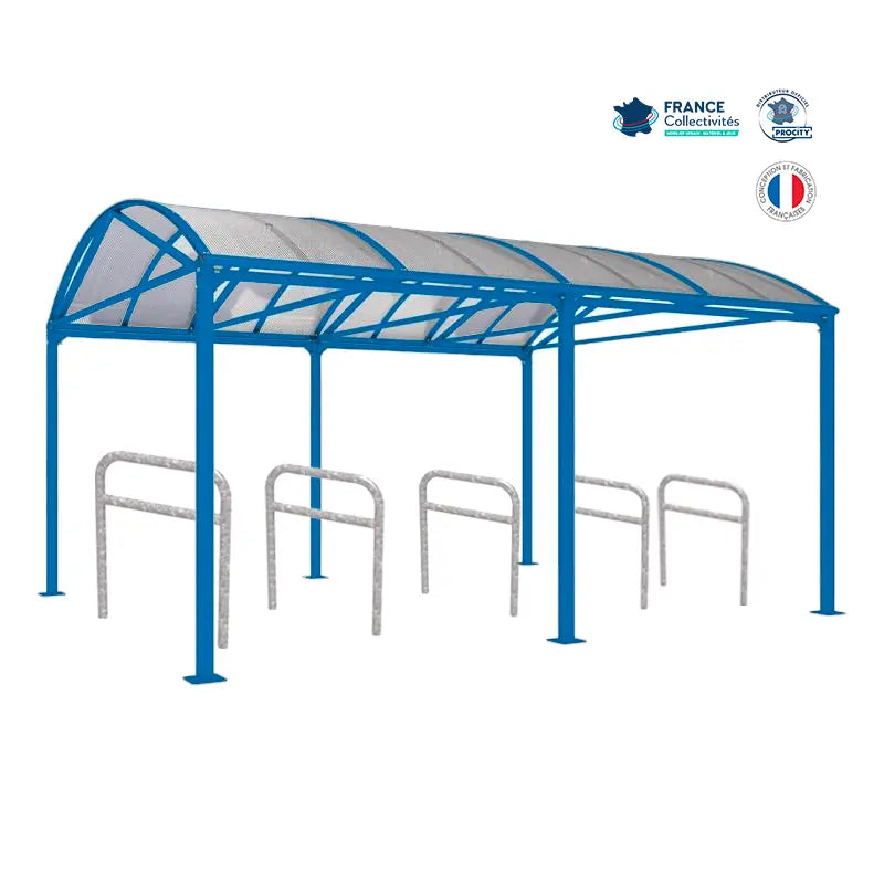 Abri vélos Voûte bleu pour 10 vélos, en pack avec 5 appuis arceaux