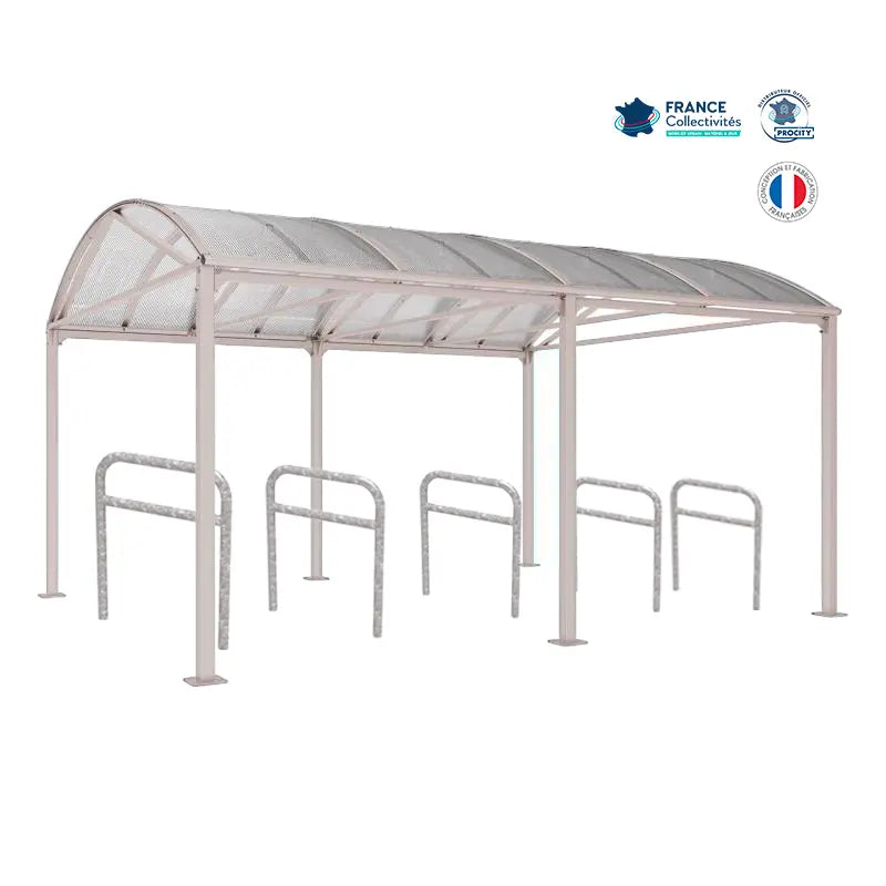 Abri vélos Voûte gris clair pour 10 vélos, en pack avec 5 appuis arceaux