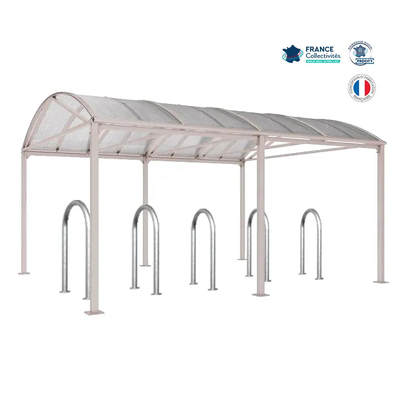 Abri vélos Voûte gris clair pour 10 vélos, en pack avec 5 appuis trombone