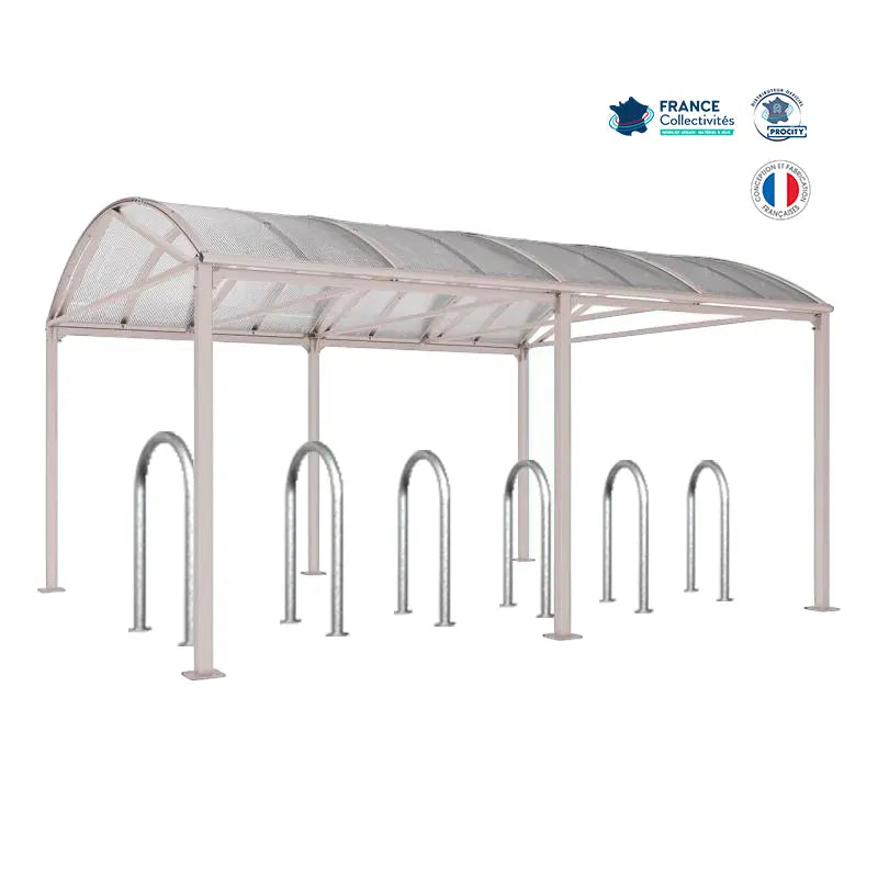 Abri vélos Voûte gris clair pour 12 vélos, en pack avec 6 appuis trombone