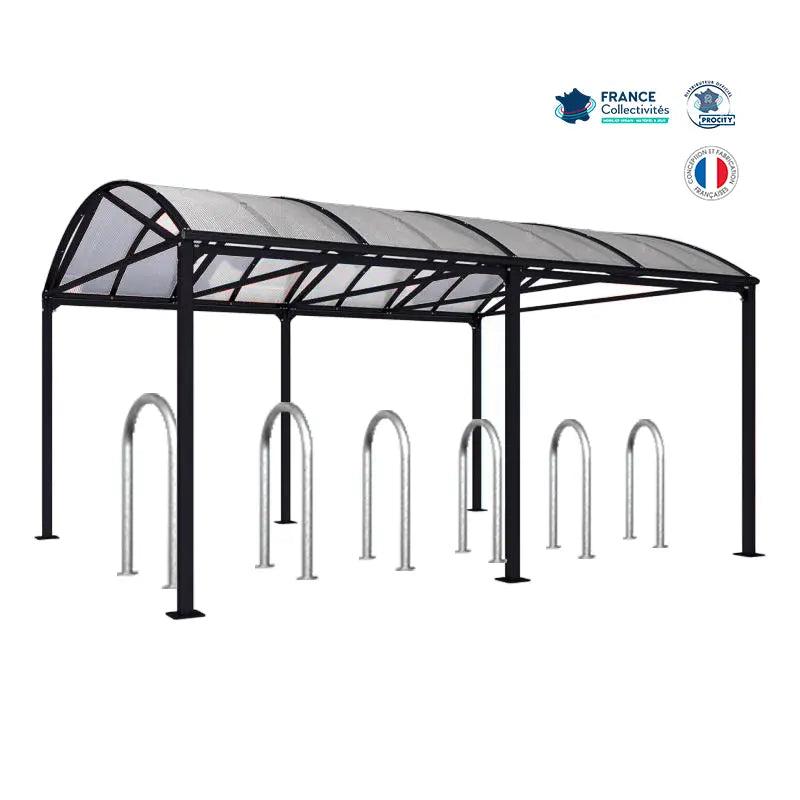 Abri vélos Voûte noir pour 12 vélos, en pack avec 6 appuis trombone