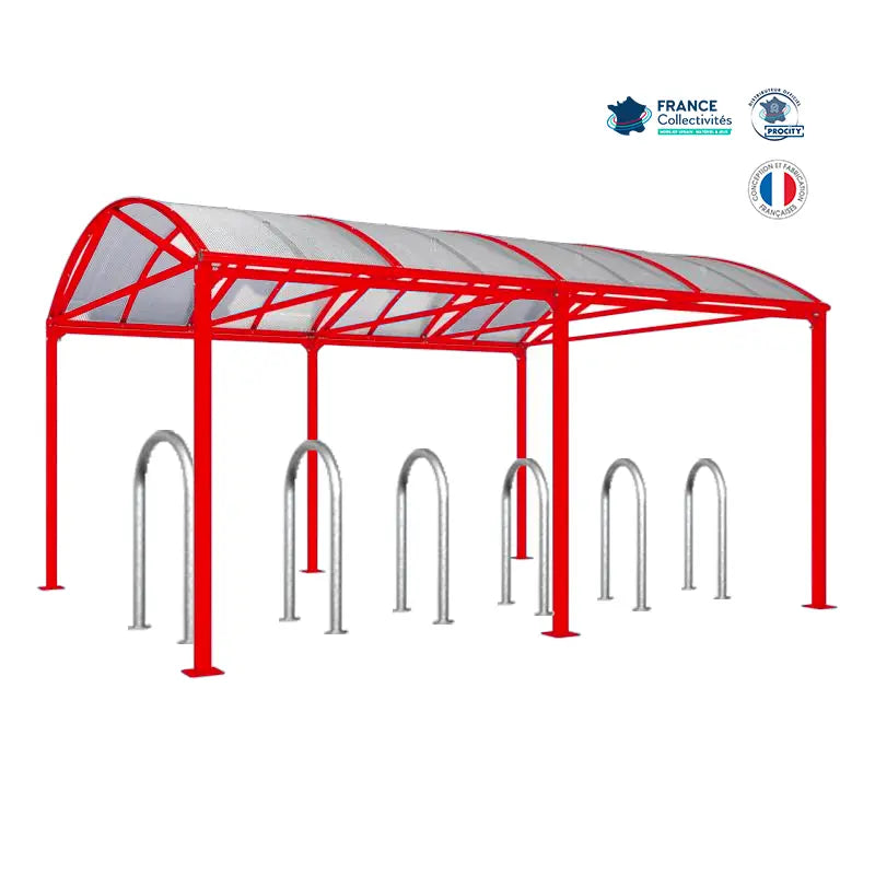 Abri vélos Voûte rouge pour 12 vélos, en pack avec 6 appuis trombone