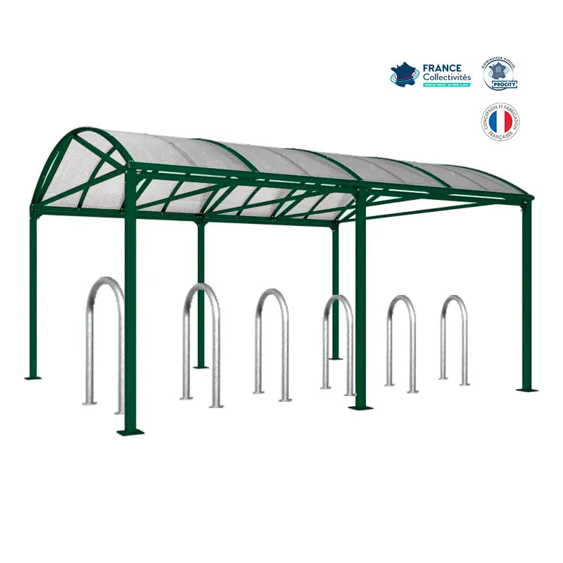 Abri vélos Voûte vert pour 12 vélos, en pack avec 6 appuis trombone