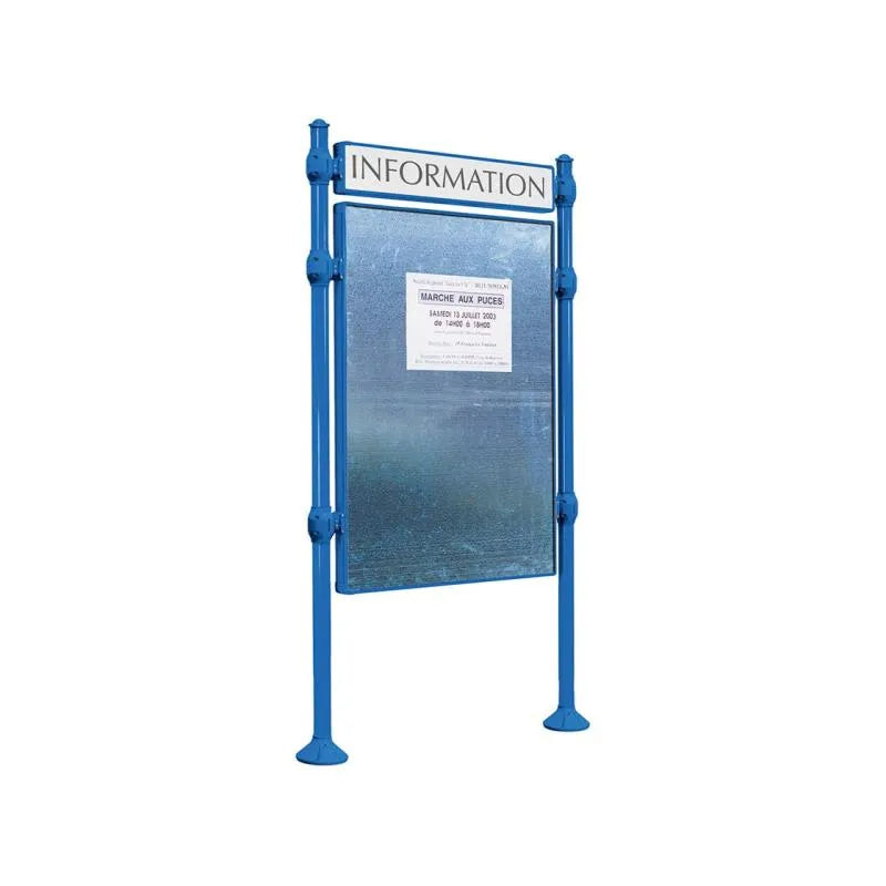 Panneau d'affichage vertical en extérieur à fixer avec bandeau titre, avec pommeau agora bleu