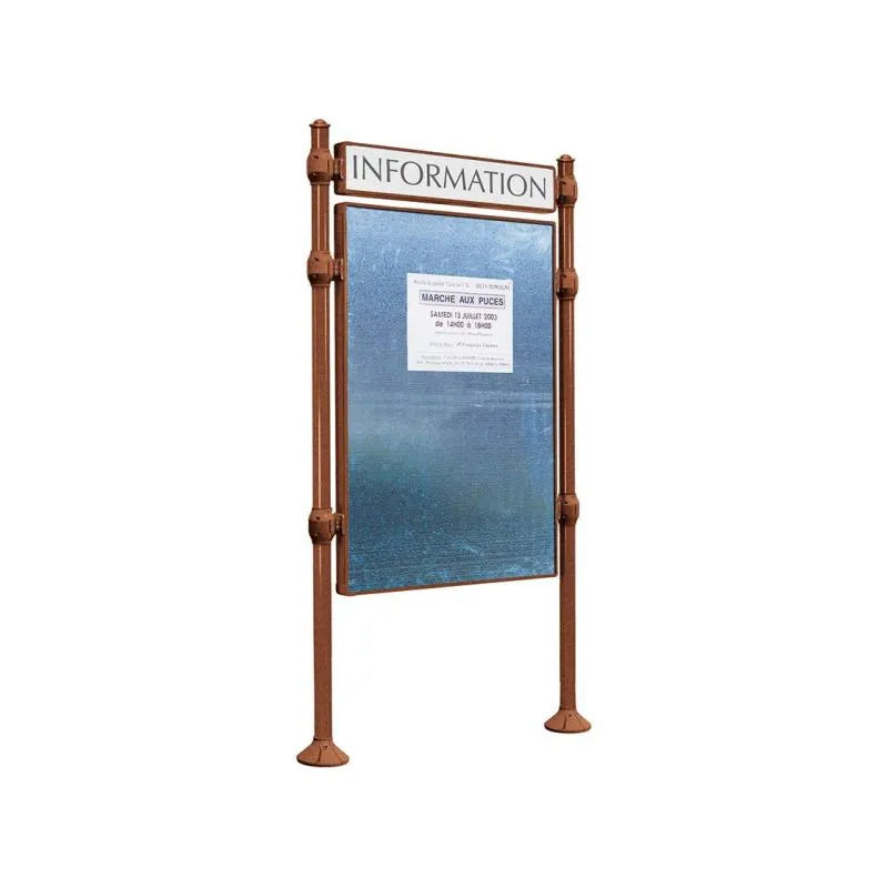 Panneau d'affichage vertical en extérieur à fixer avec bandeau titre, avec pommeau agora corten