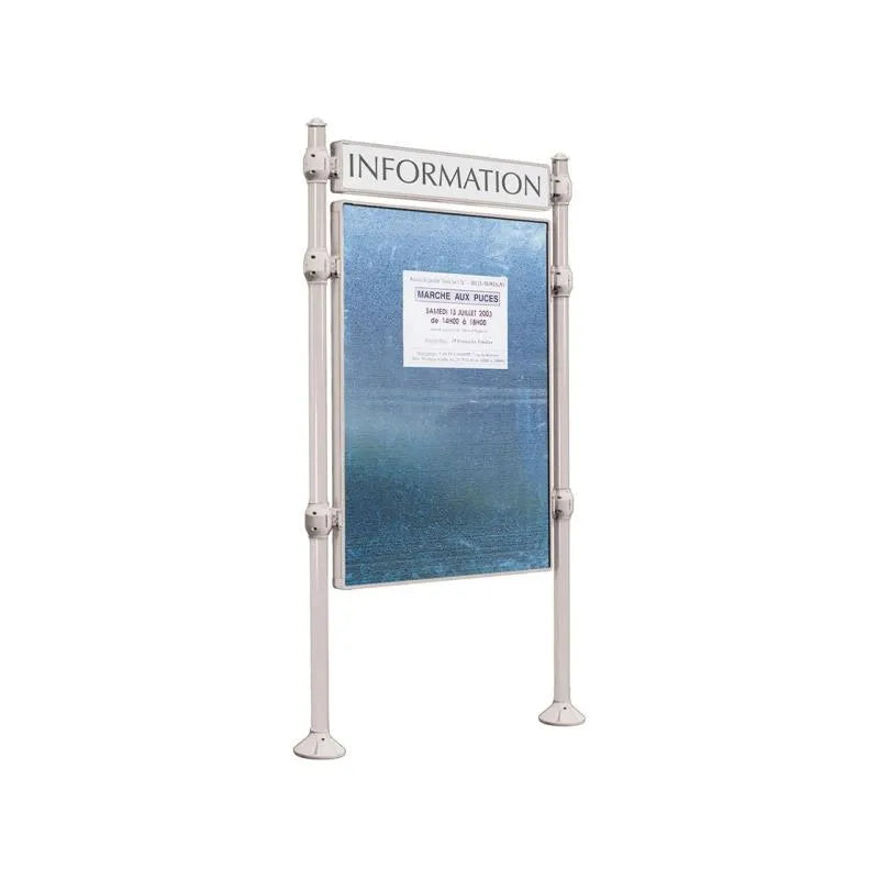 Panneau d'affichage vertical en extérieur à fixer avec bandeau titre, avec pommeau agora gris clair