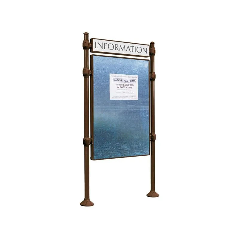 Panneau d'affichage vertical en extérieur à fixer avec bandeau titre, avec pommeau agora marron